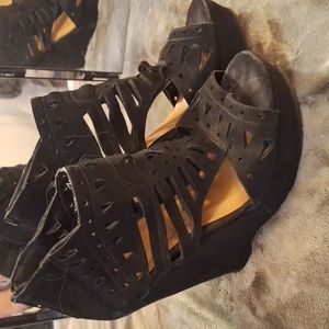Cut out black wedge heels size 9